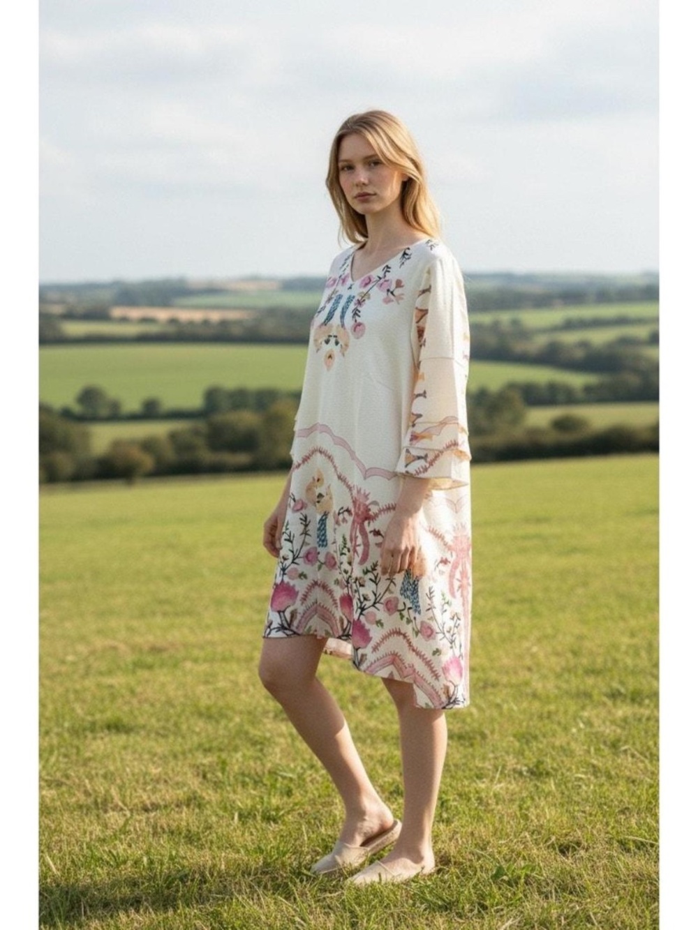 Not Women's Plus 2X Cream Floral Embroidered Boho Dress Cover Up - Picture 4 of 6